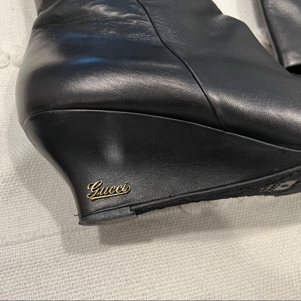 RARE Gucci Designer Black Leather Knee High Wedge Luxury Boots Size 40 - Picture 7 of 15